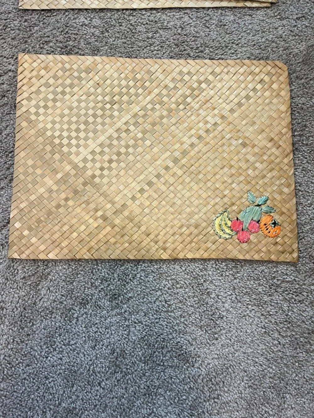 Set Of 4 Vintage Woven Straw Placemats With Embroidered Fruit Design